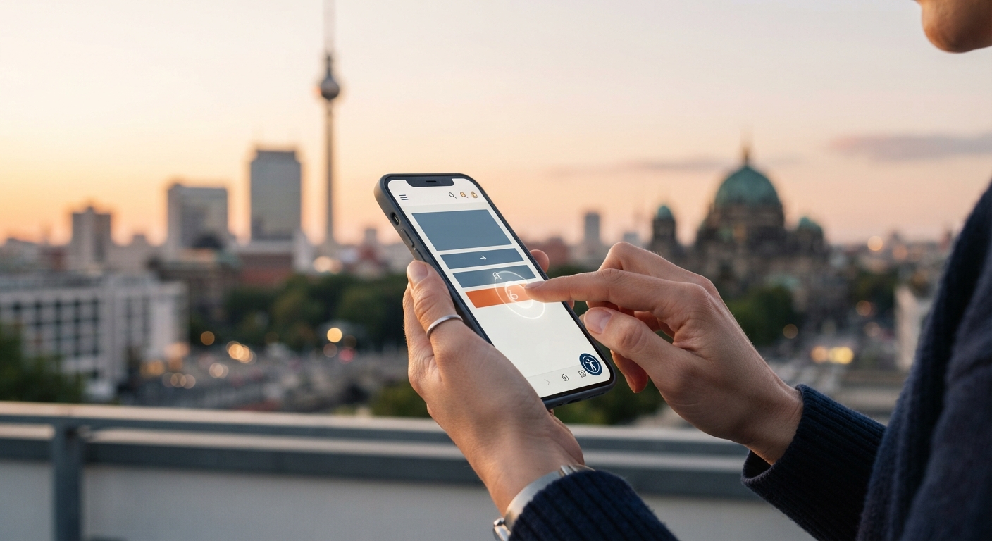 A person using a screen reader on a smartphone in a modern Berlin office, with a blurred cityscape background.