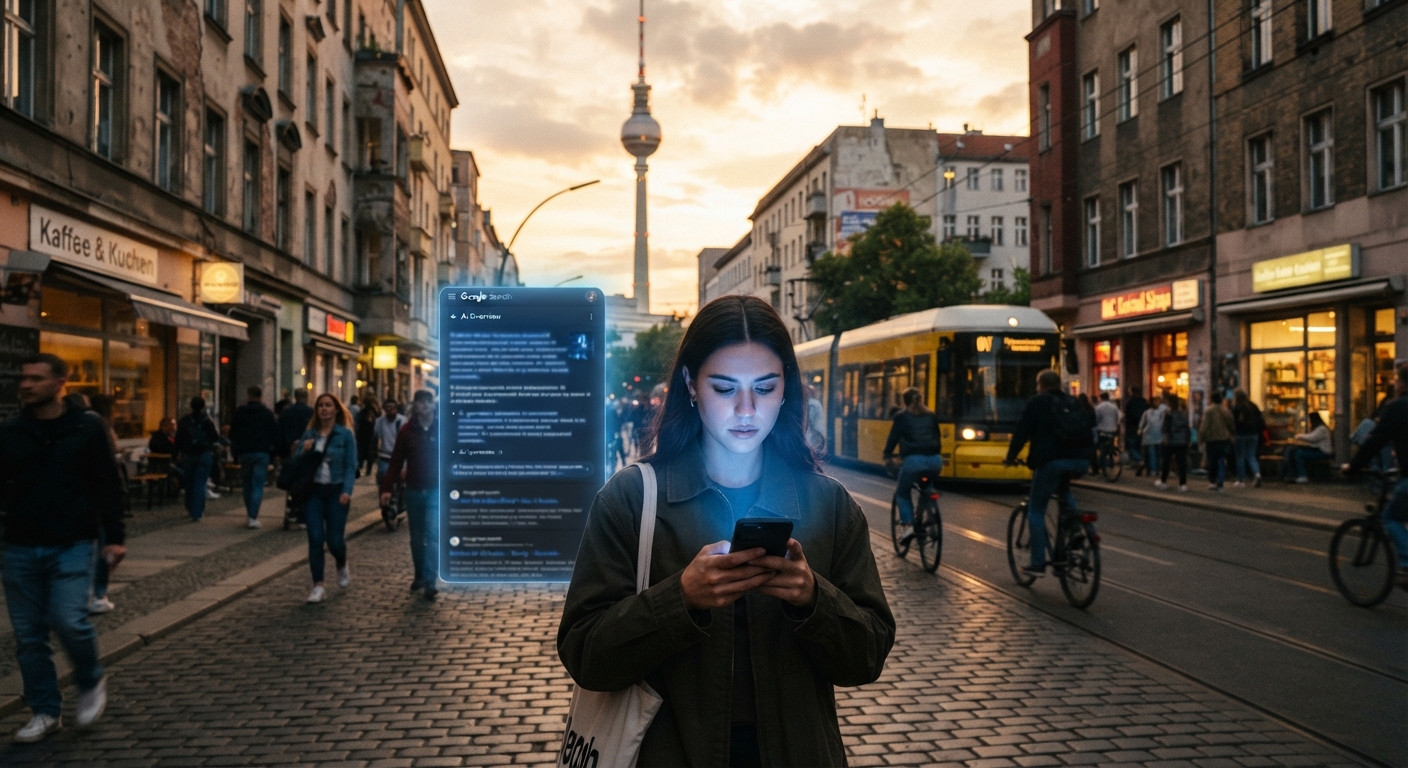 A Berlin street scene with a digital overlay showing Google AI Overviews obscuring organic search results, symbolizing the challenge for local businesses.